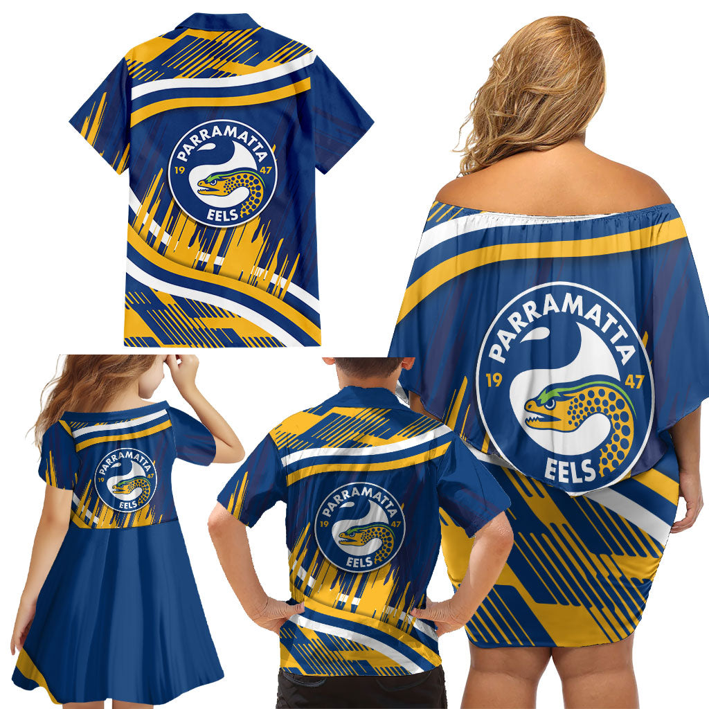 Eels Rugby Mascot Family Matching Off Shoulder Short Dress and Hawaiian Shirt Fierce Athlete Graphic in Sports Style