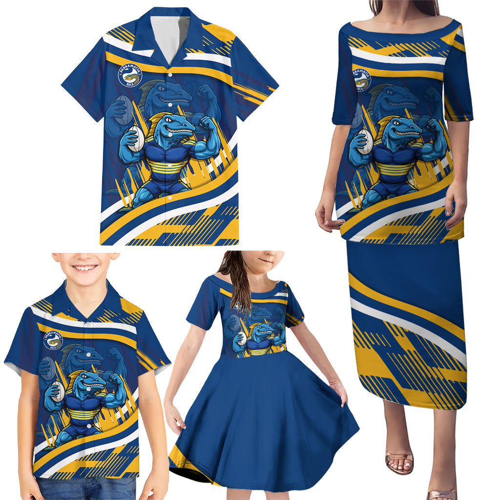 Eels Rugby Mascot Family Matching Puletasi and Hawaiian Shirt Fierce Athlete Graphic in Sports Style