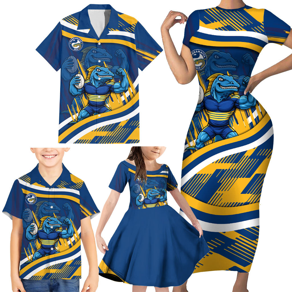 Eels Rugby Mascot Family Matching Short Sleeve Bodycon Dress and Hawaiian Shirt Fierce Athlete Graphic in Sports Style