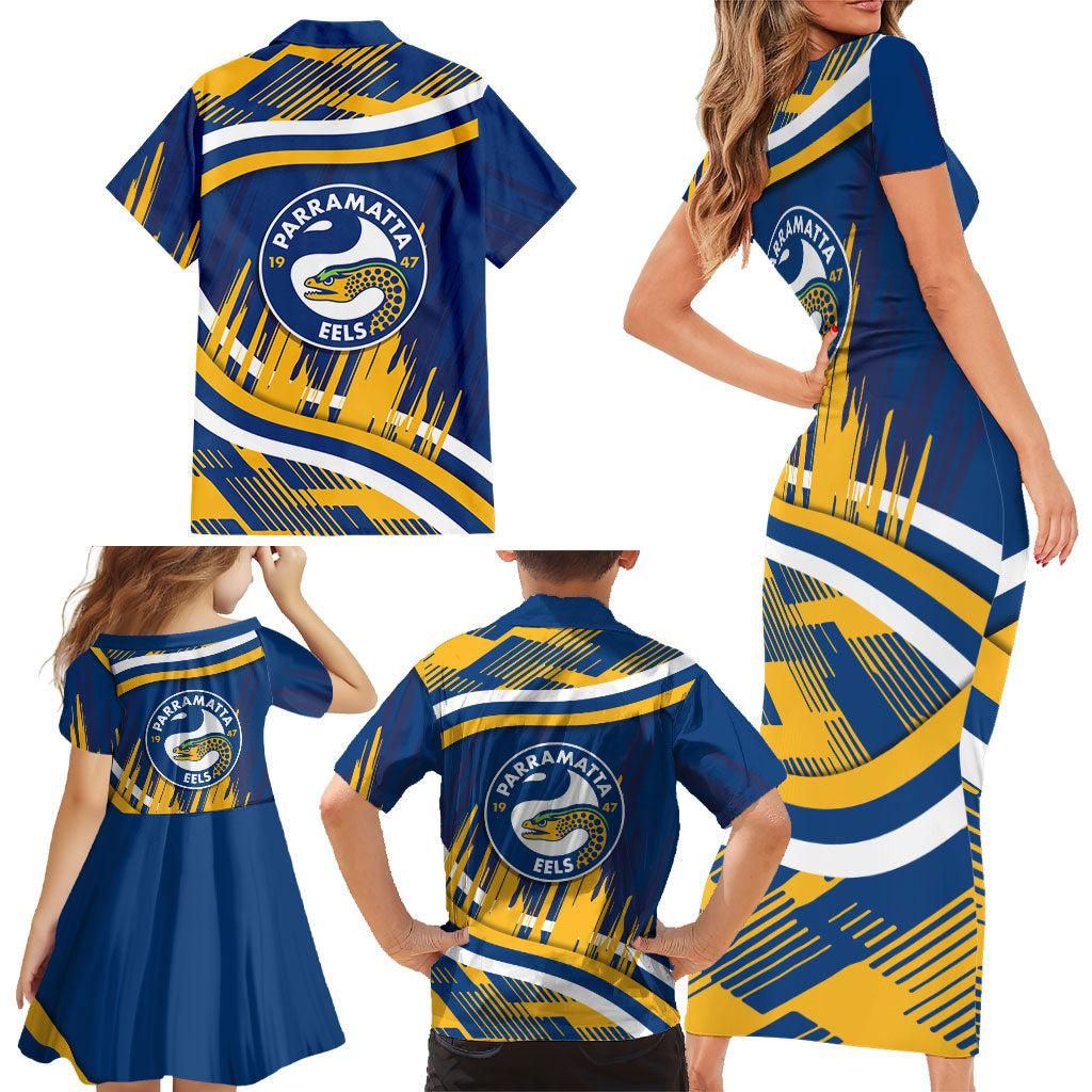 Eels Rugby Mascot Family Matching Short Sleeve Bodycon Dress and Hawaiian Shirt Fierce Athlete Graphic in Sports Style