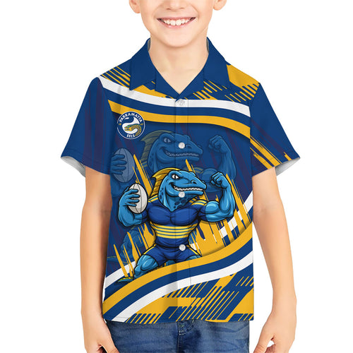 Eels Rugby Mascot Family Matching Short Sleeve Bodycon Dress and Hawaiian Shirt Fierce Athlete Graphic in Sports Style