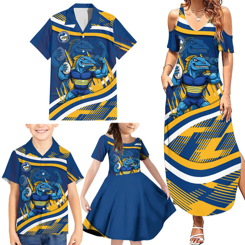 Eels Rugby Mascot Family Matching Summer Maxi Dress and Hawaiian Shirt Fierce Athlete Graphic in Sports Style