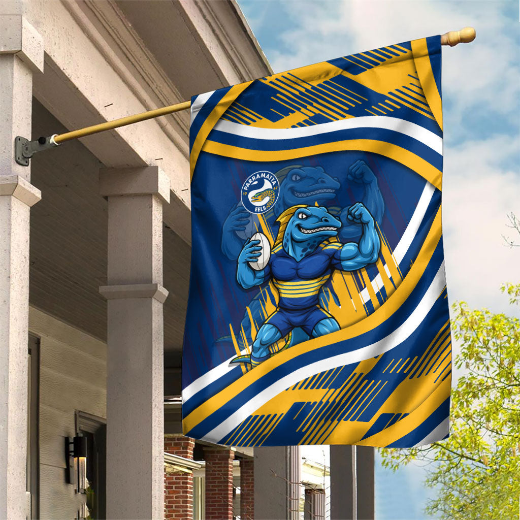 Eels Rugby Mascot Garden Flag Fierce Athlete Graphic in Sports Style