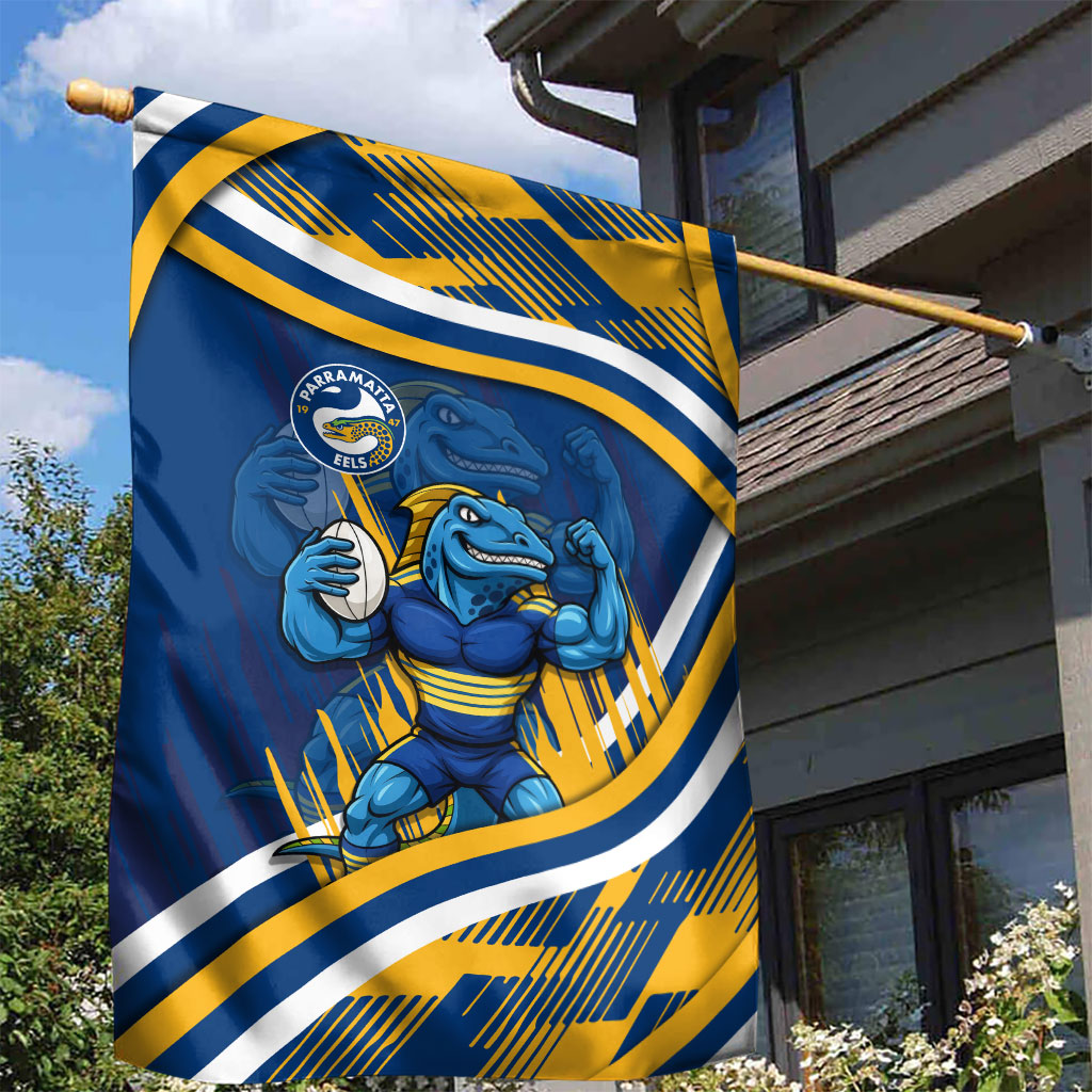 Eels Rugby Mascot Garden Flag Fierce Athlete Graphic in Sports Style