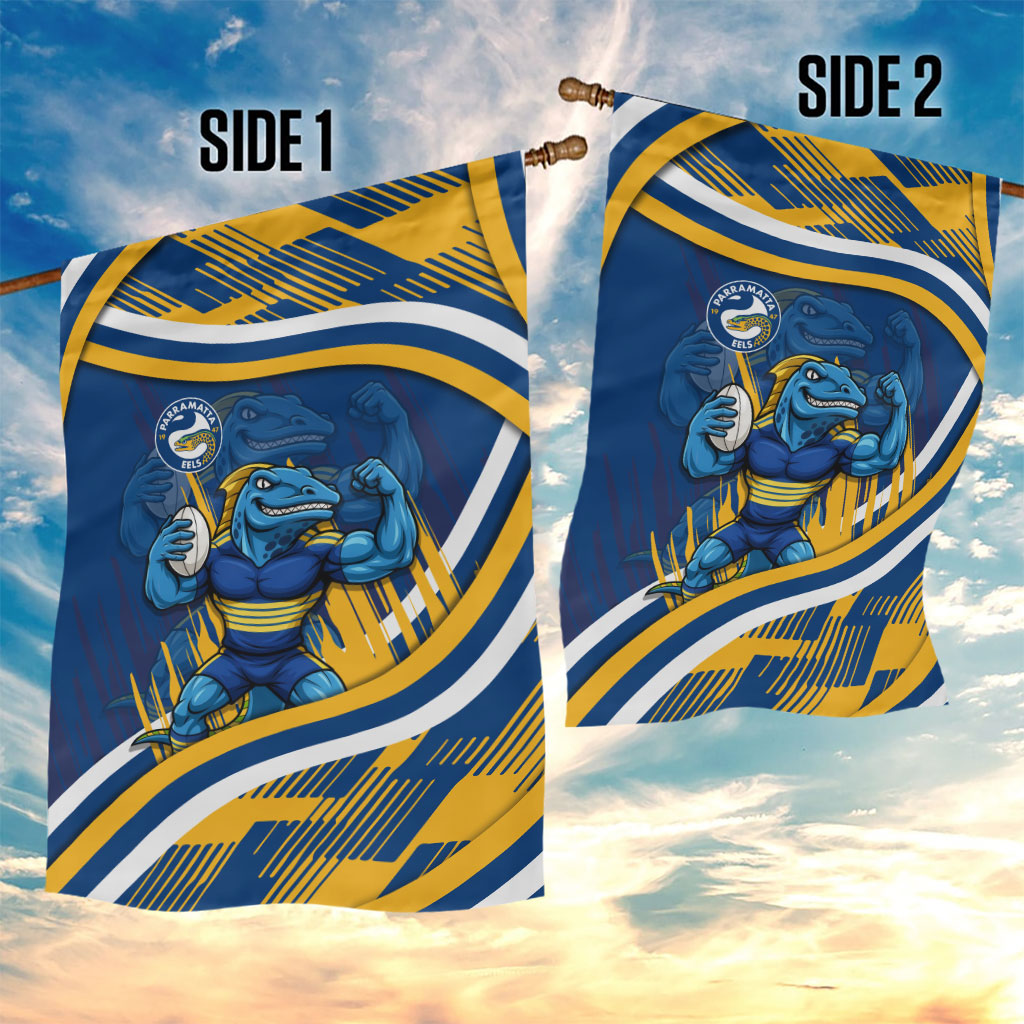 Eels Rugby Mascot Garden Flag Fierce Athlete Graphic in Sports Style