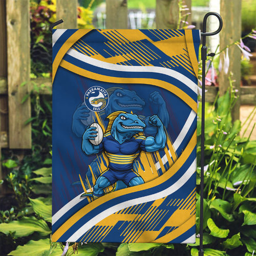 Eels Rugby Mascot Garden Flag Fierce Athlete Graphic in Sports Style