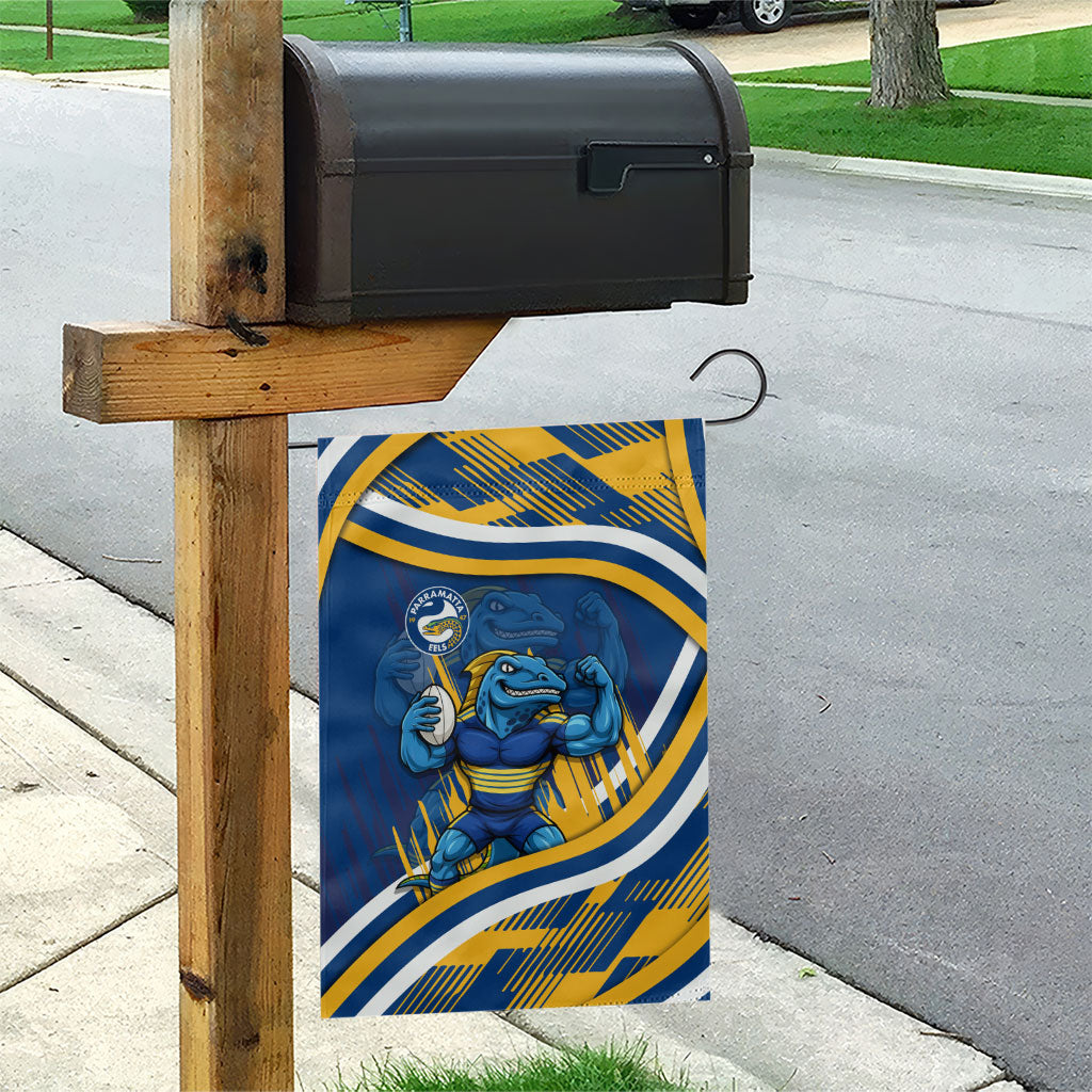 Eels Rugby Mascot Garden Flag Fierce Athlete Graphic in Sports Style