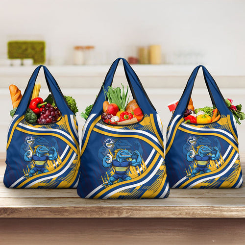 Eels Rugby Mascot Grocery Bag Fierce Athlete Graphic in Sports Style