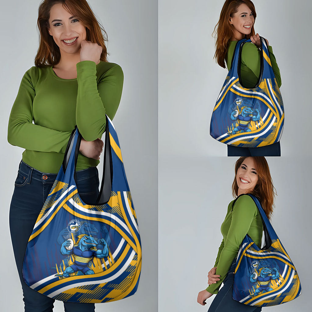 Eels Rugby Mascot Grocery Bag Fierce Athlete Graphic in Sports Style