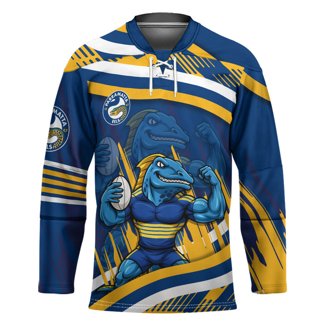 Eels Rugby Mascot Hockey Jersey Fierce Athlete Graphic in Sports Style