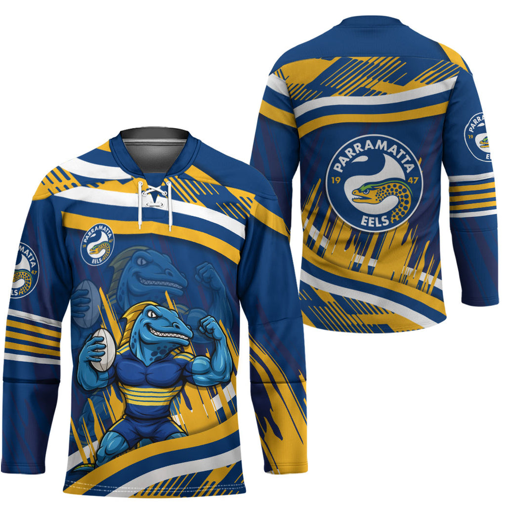 Eels Rugby Mascot Hockey Jersey Fierce Athlete Graphic in Sports Style