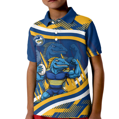 Eels Rugby Mascot Kid Polo Shirt Fierce Athlete Graphic in Sports Style