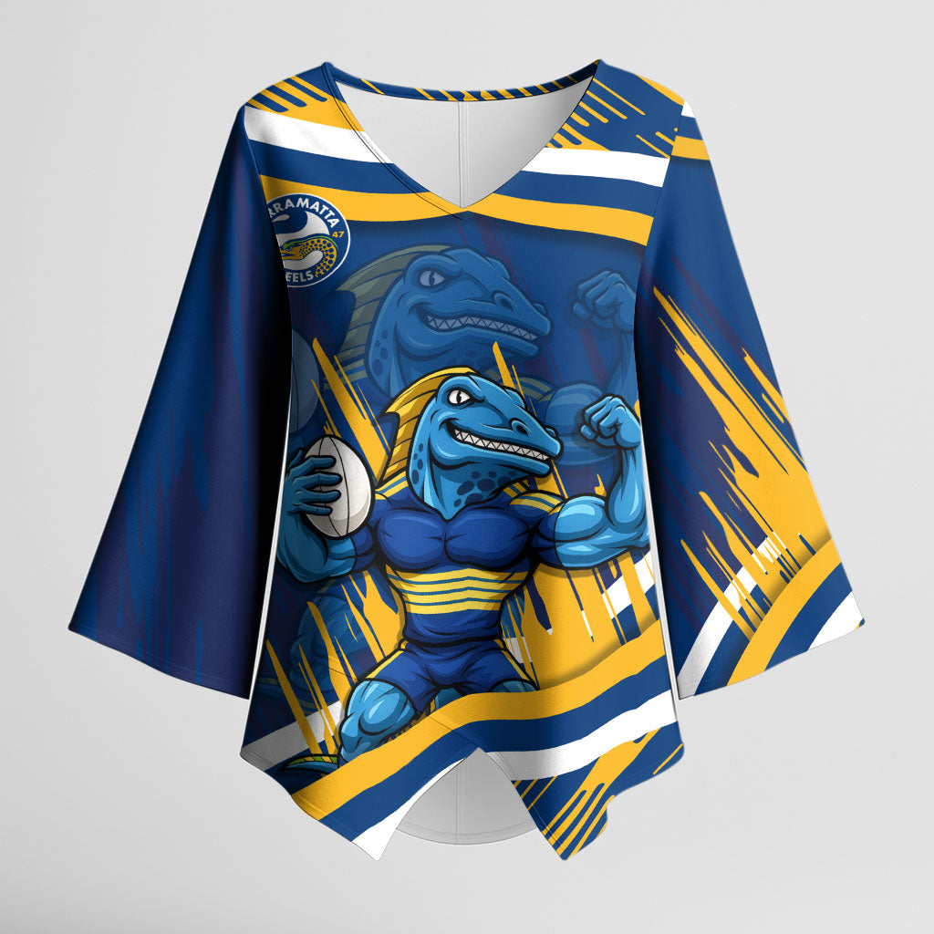 Eels Rugby Mascot Kimono Sleeve Blouse Fierce Athlete Graphic in Sports Style