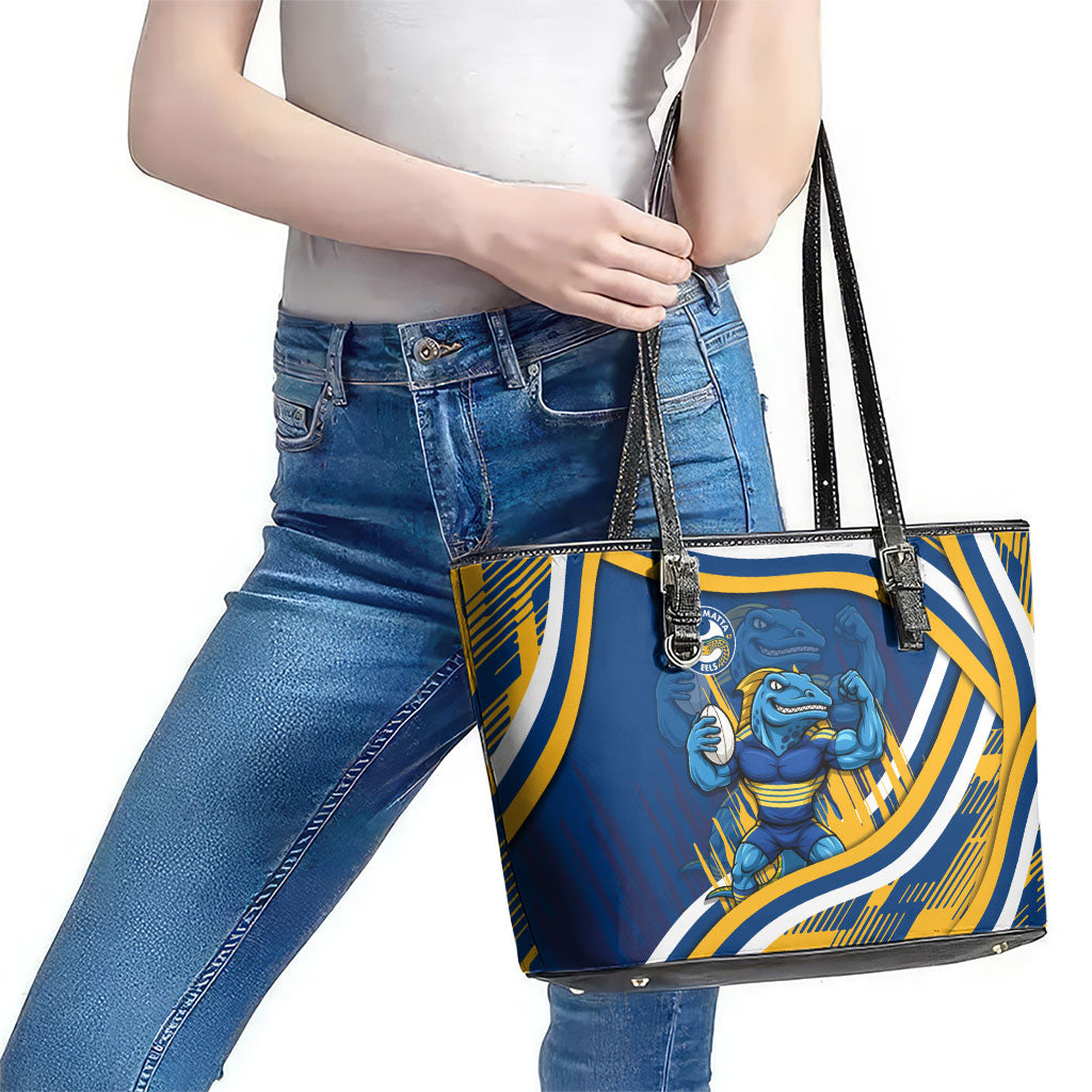 Eels Rugby Mascot Leather Tote Bag Fierce Athlete Graphic in Sports Style