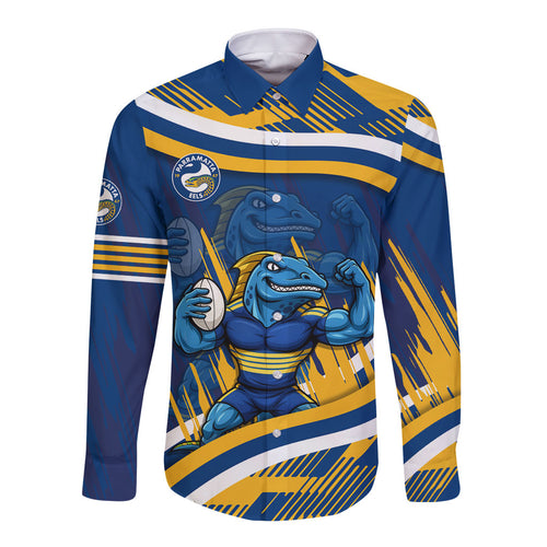 Eels Rugby Mascot Long Sleeve Button Shirt Fierce Athlete Graphic in Sports Style