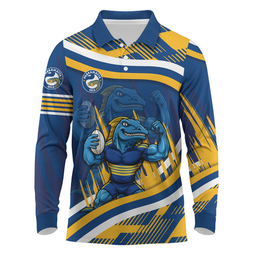 Eels Rugby Mascot Long Sleeve Polo Shirt Fierce Athlete Graphic in Sports Style