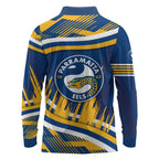 Eels Rugby Mascot Long Sleeve Polo Shirt Fierce Athlete Graphic in Sports Style