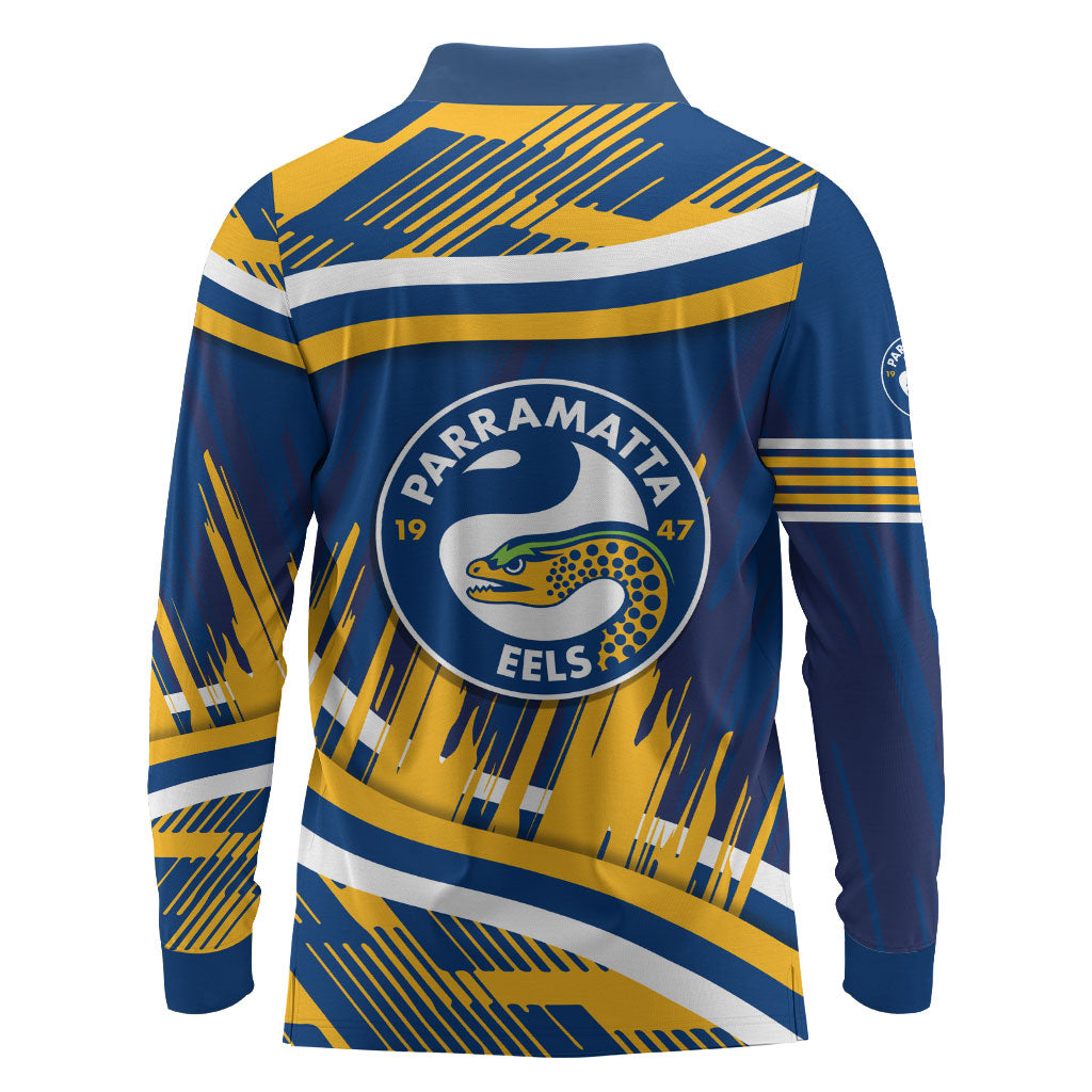 Eels Rugby Mascot Long Sleeve Polo Shirt Fierce Athlete Graphic in Sports Style