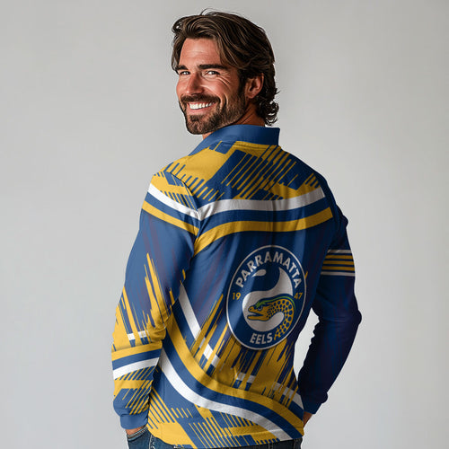 Eels Rugby Mascot Long Sleeve Polo Shirt Fierce Athlete Graphic in Sports Style