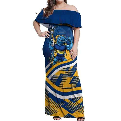 Eels Rugby Mascot Off Shoulder Maxi Dress Fierce Athlete Graphic in Sports Style