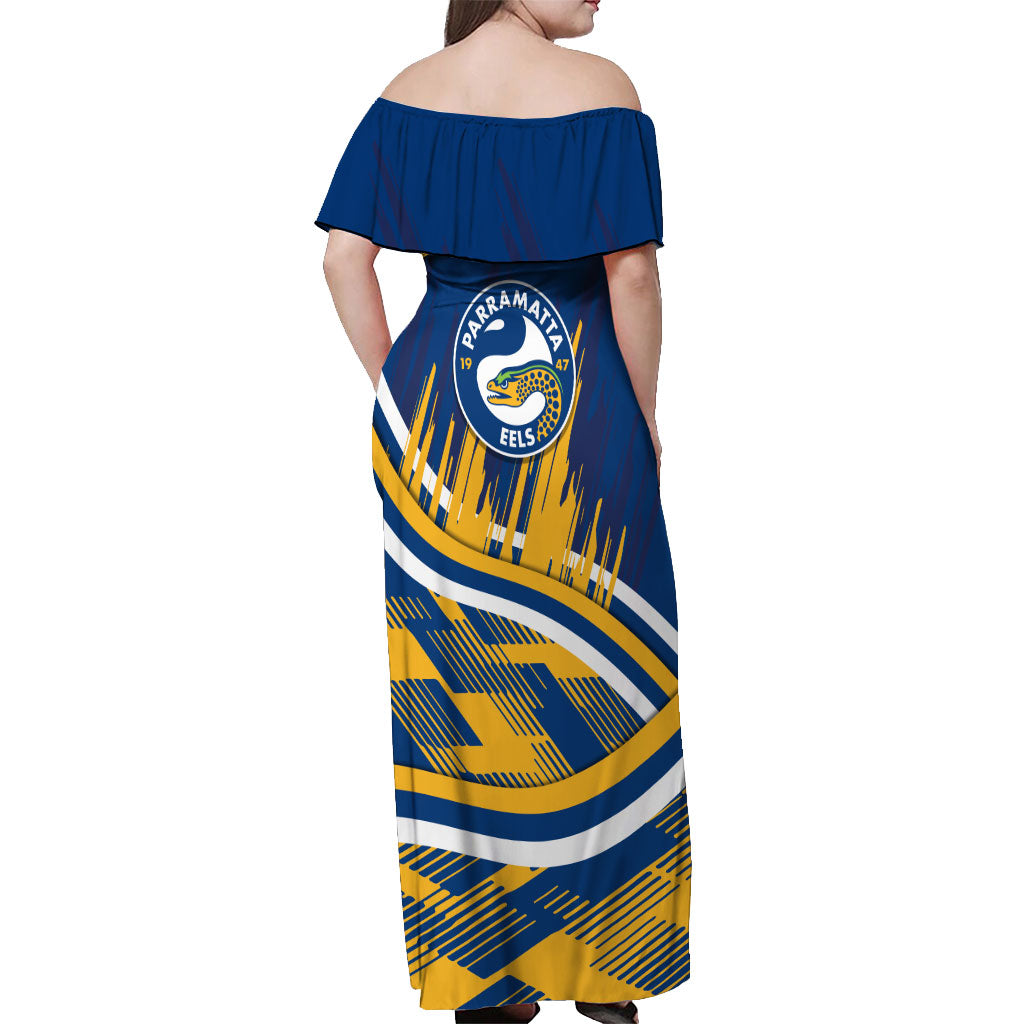 Eels Rugby Mascot Off Shoulder Maxi Dress Fierce Athlete Graphic in Sports Style