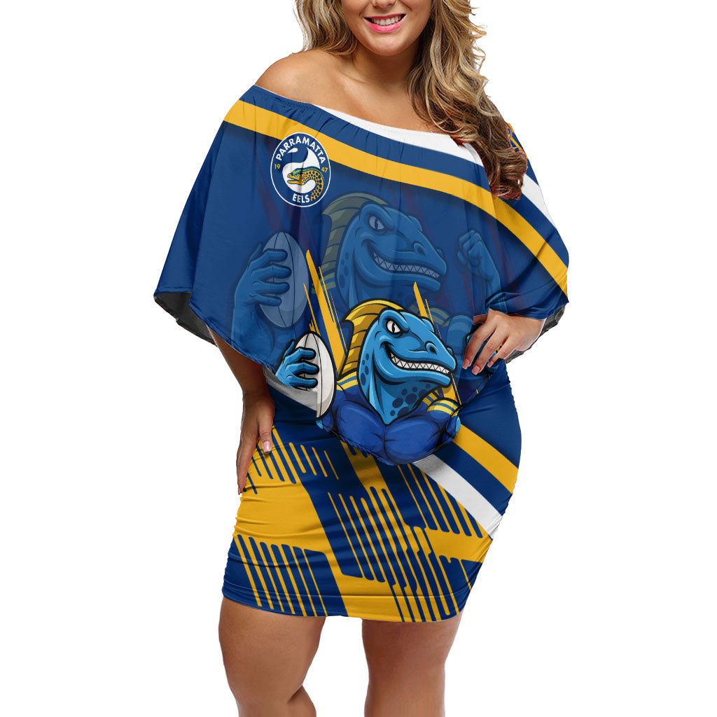 Eels Rugby Mascot Off Shoulder Short Dress Fierce Athlete Graphic in Sports Style