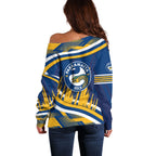 Eels Rugby Mascot Off Shoulder Sweater Fierce Athlete Graphic in Sports Style