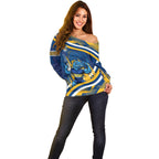 Eels Rugby Mascot Off Shoulder Sweater Fierce Athlete Graphic in Sports Style
