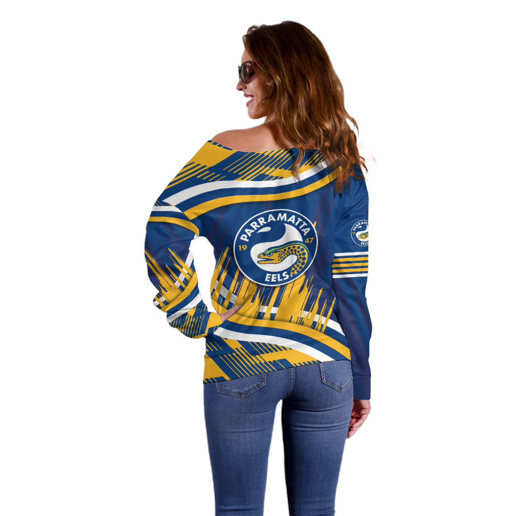 Eels Rugby Mascot Off Shoulder Sweater Fierce Athlete Graphic in Sports Style
