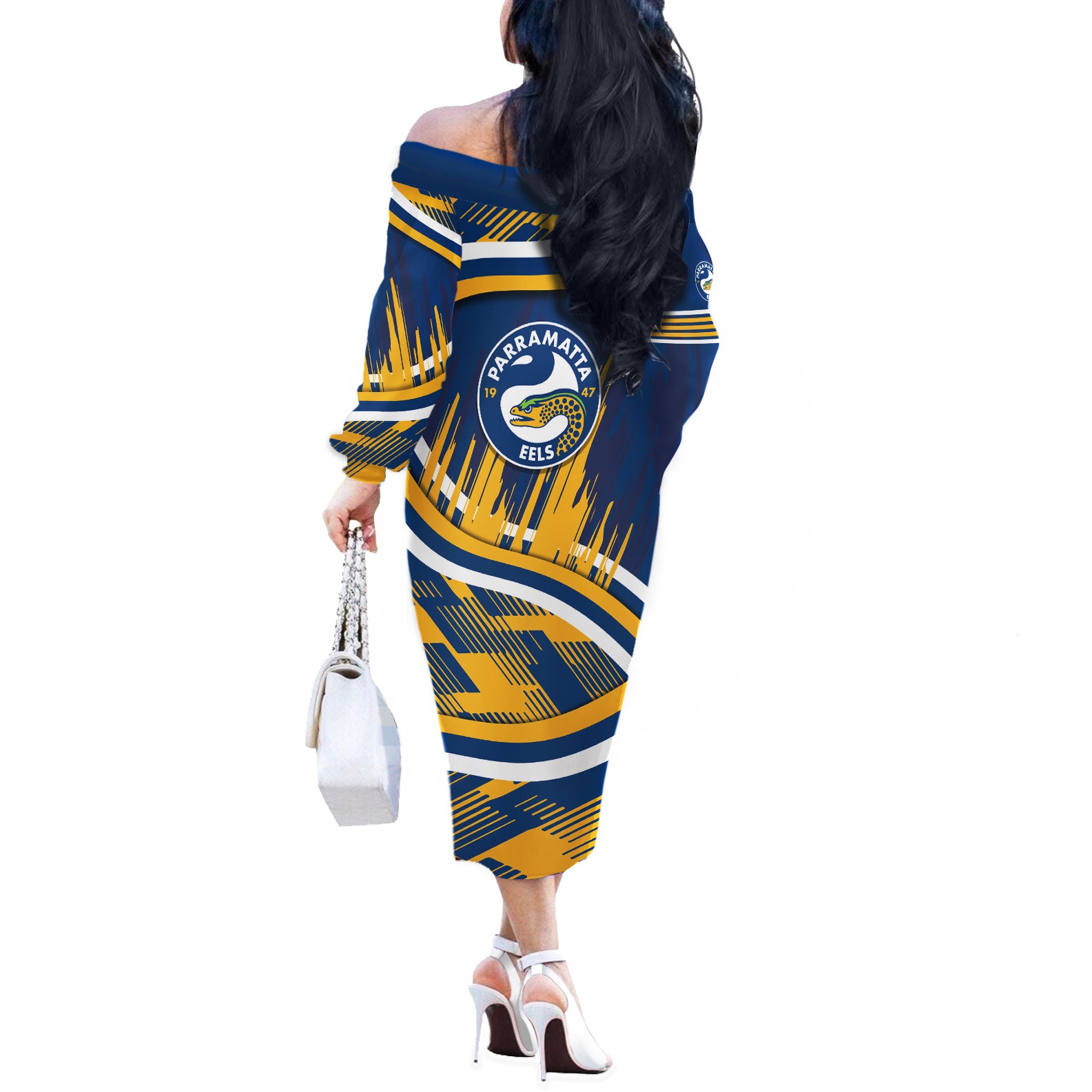 Eels Rugby Mascot Off The Shoulder Long Sleeve Dress Fierce Athlete Graphic in Sports Style