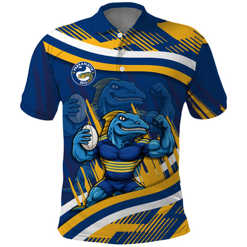 Eels Rugby Mascot Polo Shirt Fierce Athlete Graphic in Sports Style