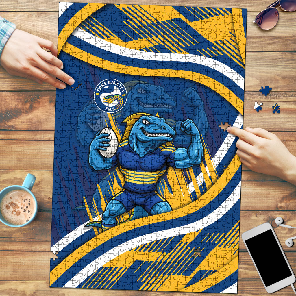 Eels Rugby Mascot Puzzle Fierce Athlete Graphic in Sports Style