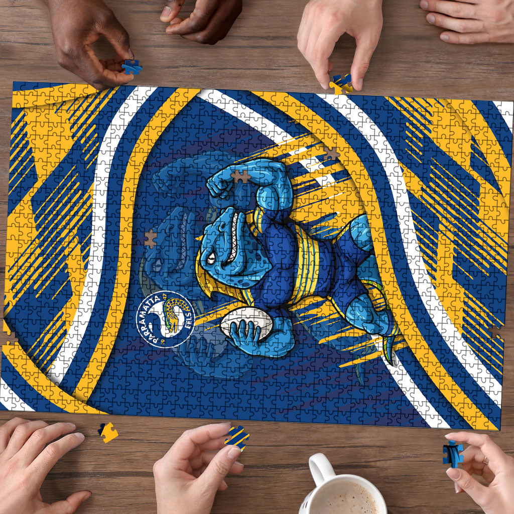 Eels Rugby Mascot Puzzle Fierce Athlete Graphic in Sports Style