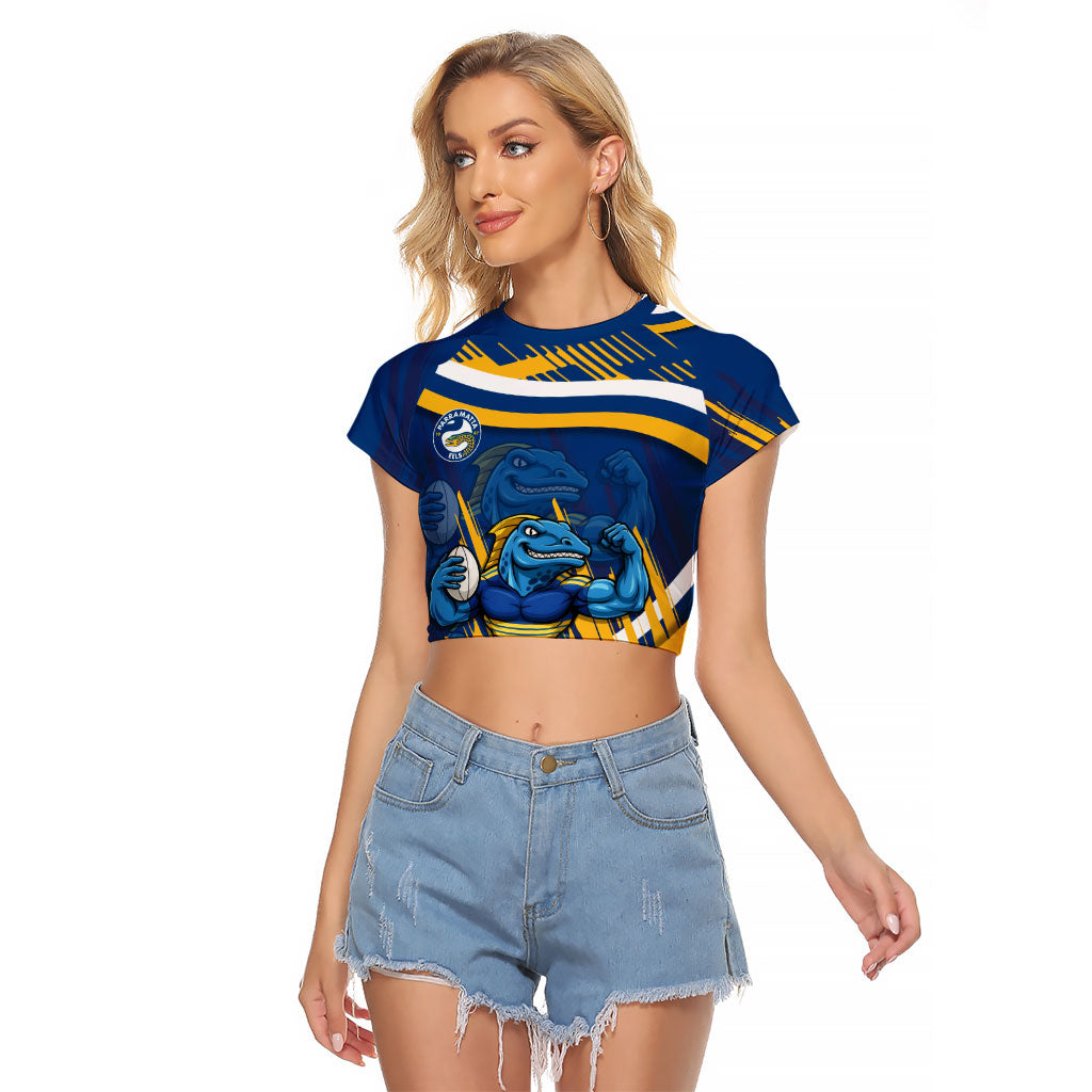 Eels Rugby Mascot Raglan Cropped T Shirt Fierce Athlete Graphic in Sports Style
