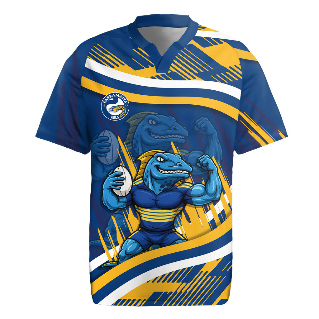 Eels Rugby Mascot Rugby Jersey Fierce Athlete Graphic in Sports Style