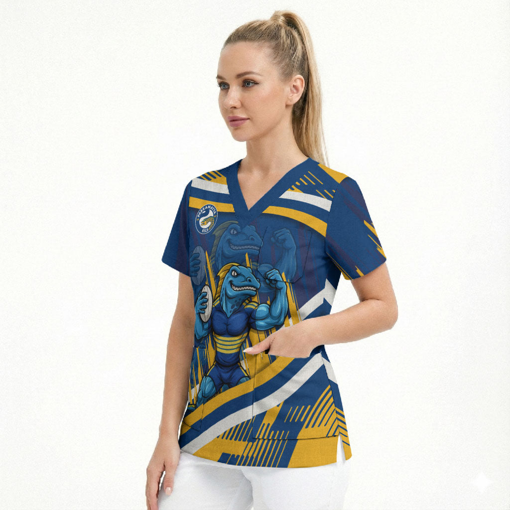 Eels Rugby Mascot Scrub Top Fierce Athlete Graphic in Sports Style