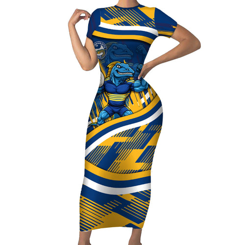 Eels Rugby Mascot Short Sleeve Bodycon Dress Fierce Athlete Graphic in Sports Style