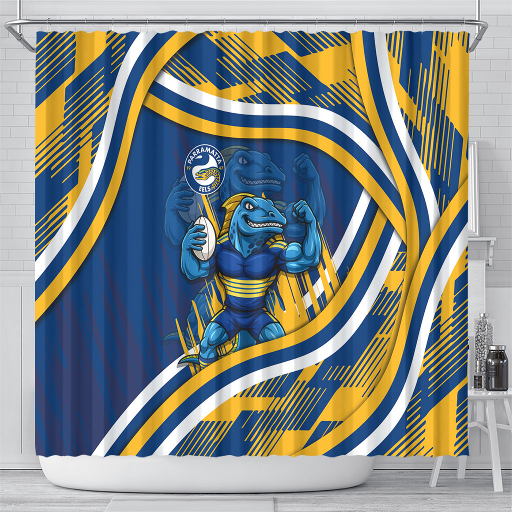 Eels Rugby Mascot Shower Curtain Fierce Athlete Graphic in Sports Style