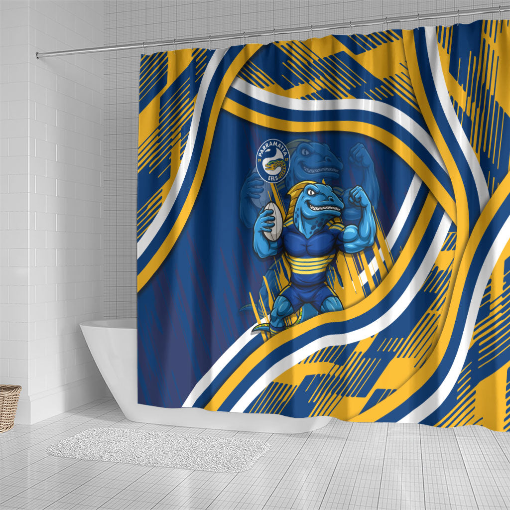 Eels Rugby Mascot Shower Curtain Fierce Athlete Graphic in Sports Style