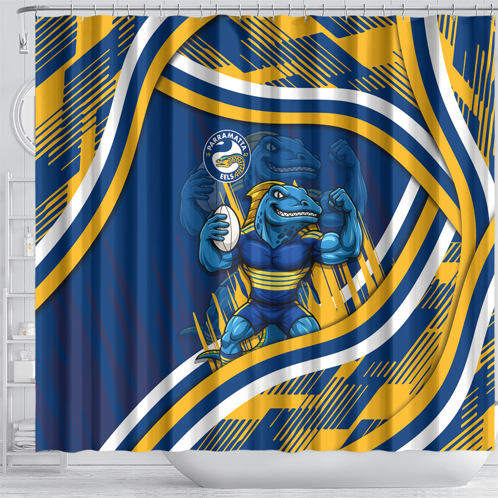 Eels Rugby Mascot Shower Curtain Fierce Athlete Graphic in Sports Style
