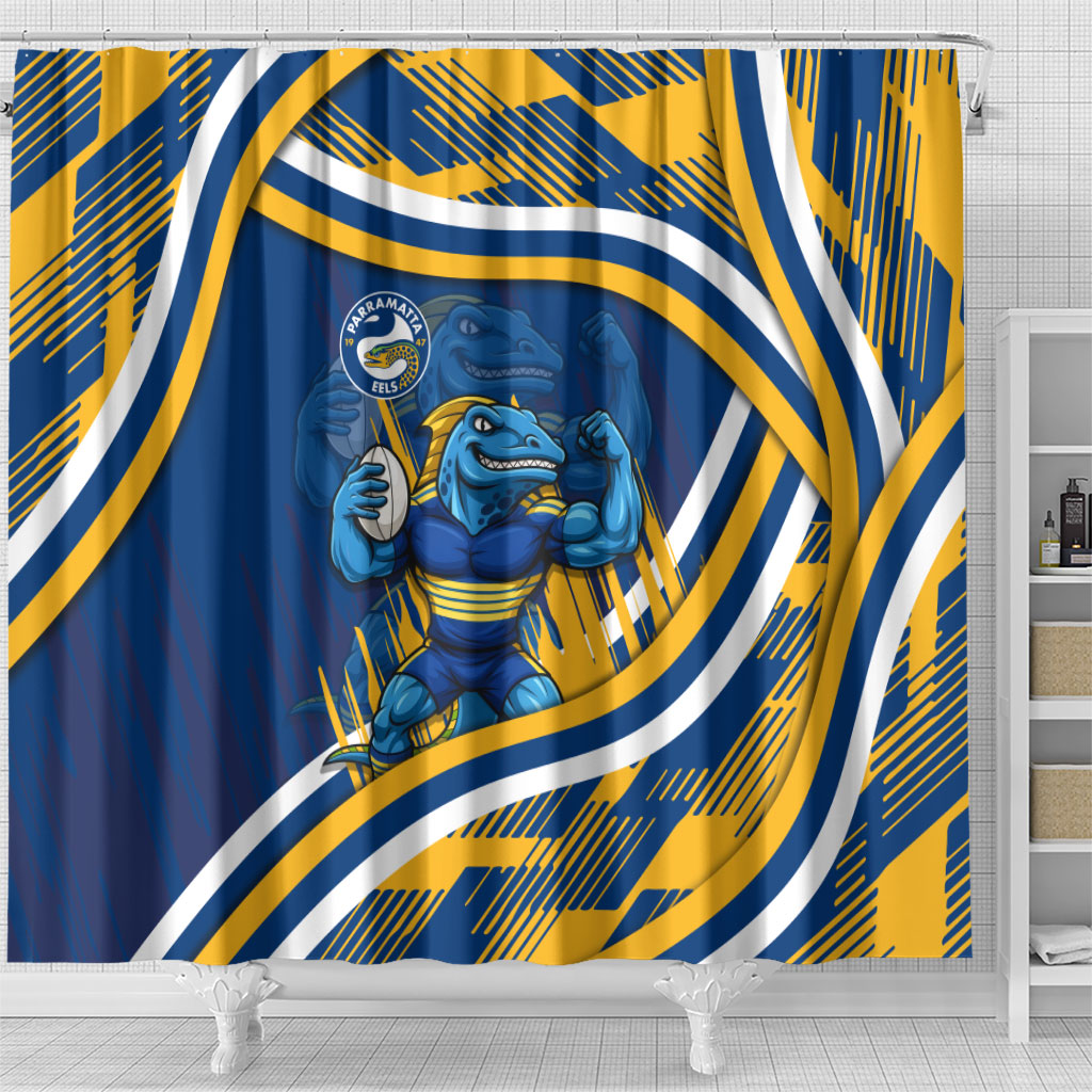 Eels Rugby Mascot Shower Curtain Fierce Athlete Graphic in Sports Style