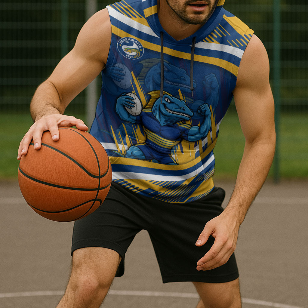 Eels Rugby Mascot Sleeveless Hoodie Fierce Athlete Graphic in Sports Style