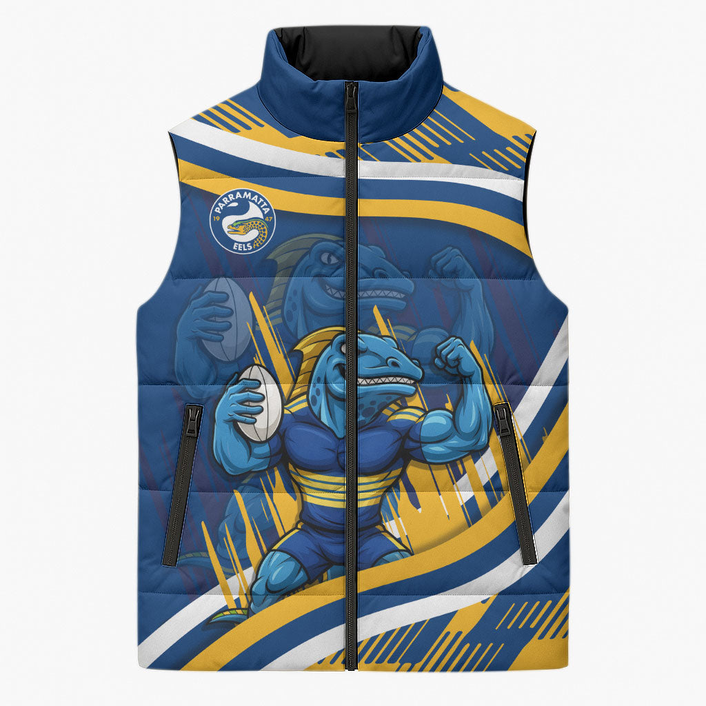 Eels Rugby Mascot Sleeveless Puffer Jacket Fierce Athlete Graphic in Sports Style