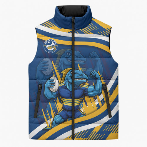 Eels Rugby Mascot Sleeveless Puffer Jacket Fierce Athlete Graphic in Sports Style