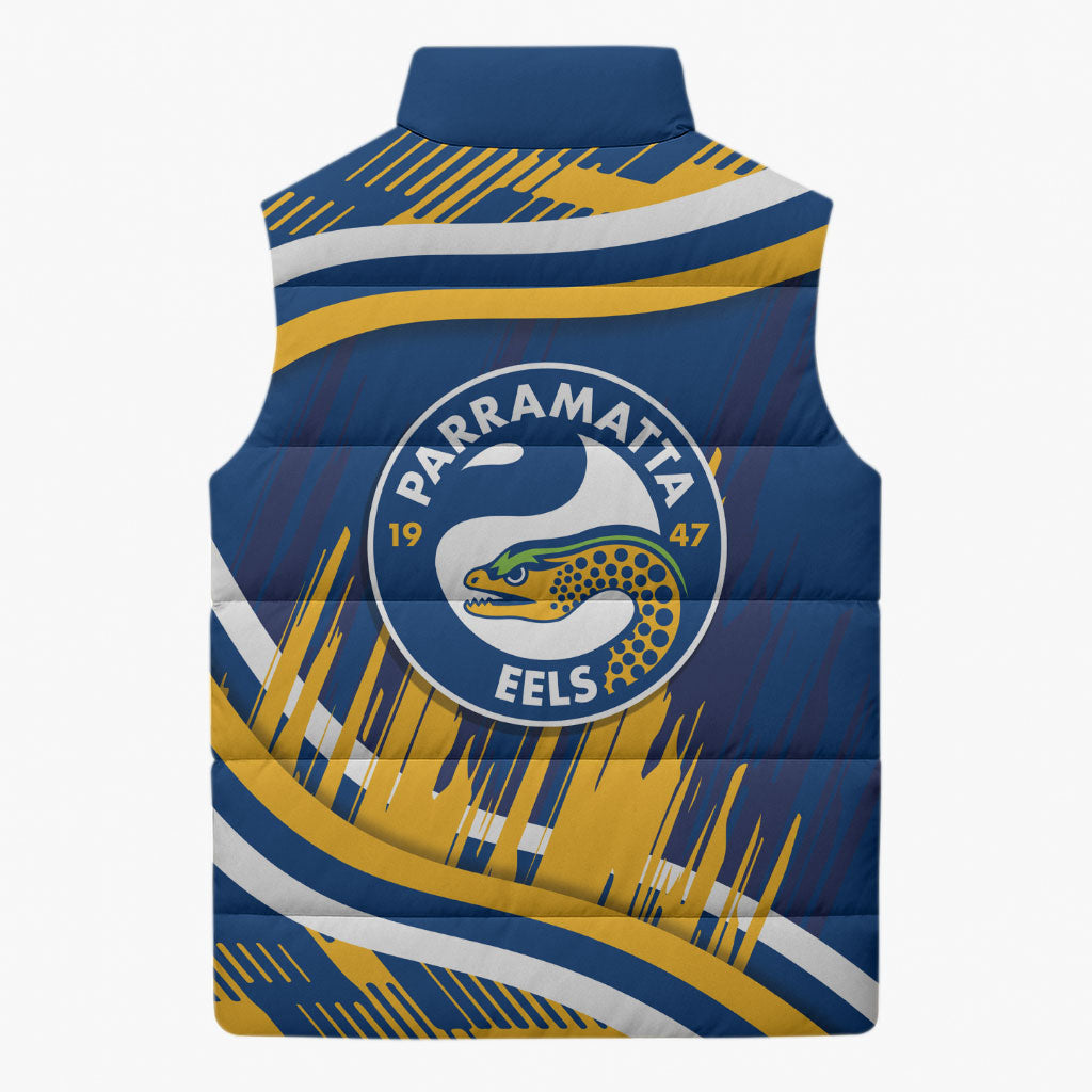 Eels Rugby Mascot Sleeveless Puffer Jacket Fierce Athlete Graphic in Sports Style
