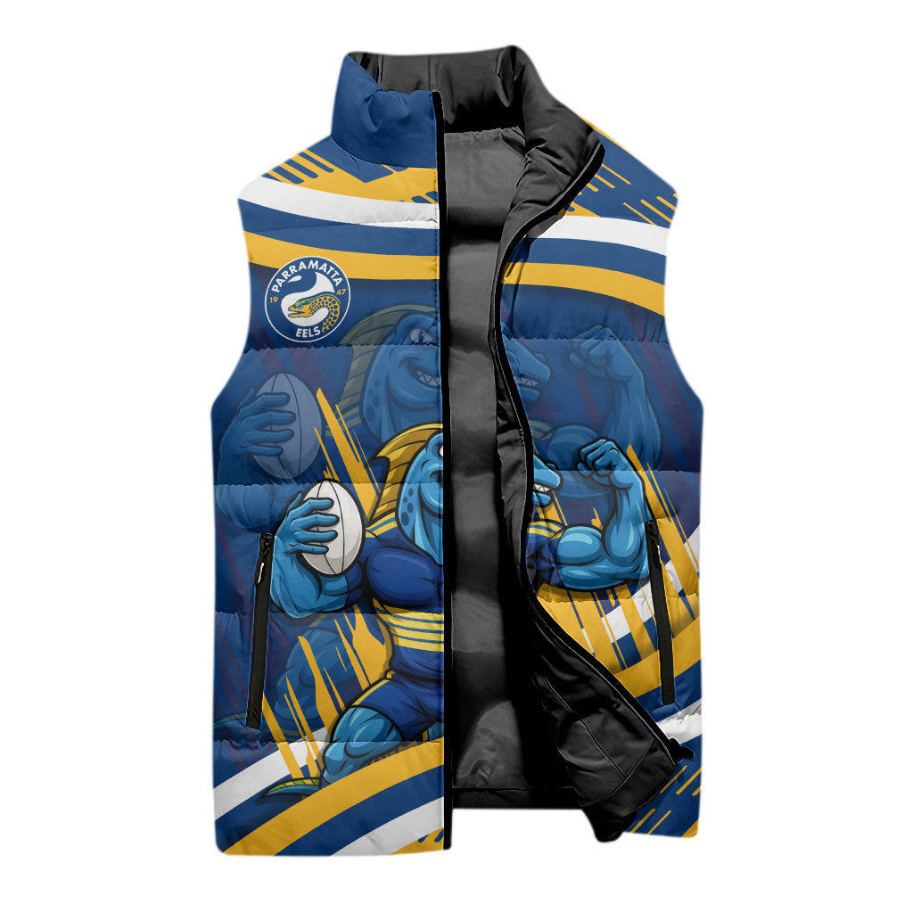 Eels Rugby Mascot Sleeveless Puffer Jacket Fierce Athlete Graphic in Sports Style