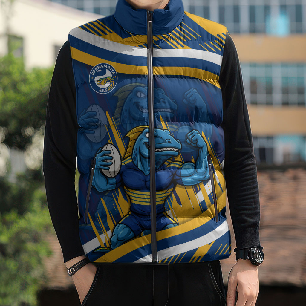 Eels Rugby Mascot Sleeveless Puffer Jacket Fierce Athlete Graphic in Sports Style