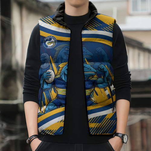 Eels Rugby Mascot Sleeveless Puffer Jacket Fierce Athlete Graphic in Sports Style