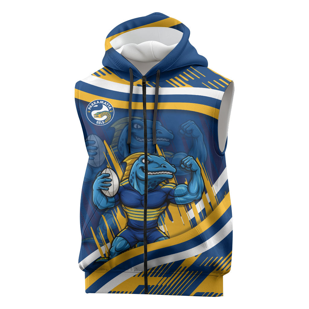 Eels Rugby Mascot Sleeveless Zip Hoodie Fierce Athlete Graphic in Sports Style