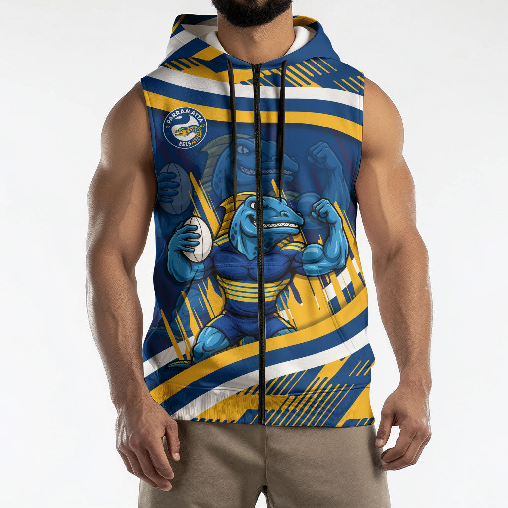 Eels Rugby Mascot Sleeveless Zip Hoodie Fierce Athlete Graphic in Sports Style